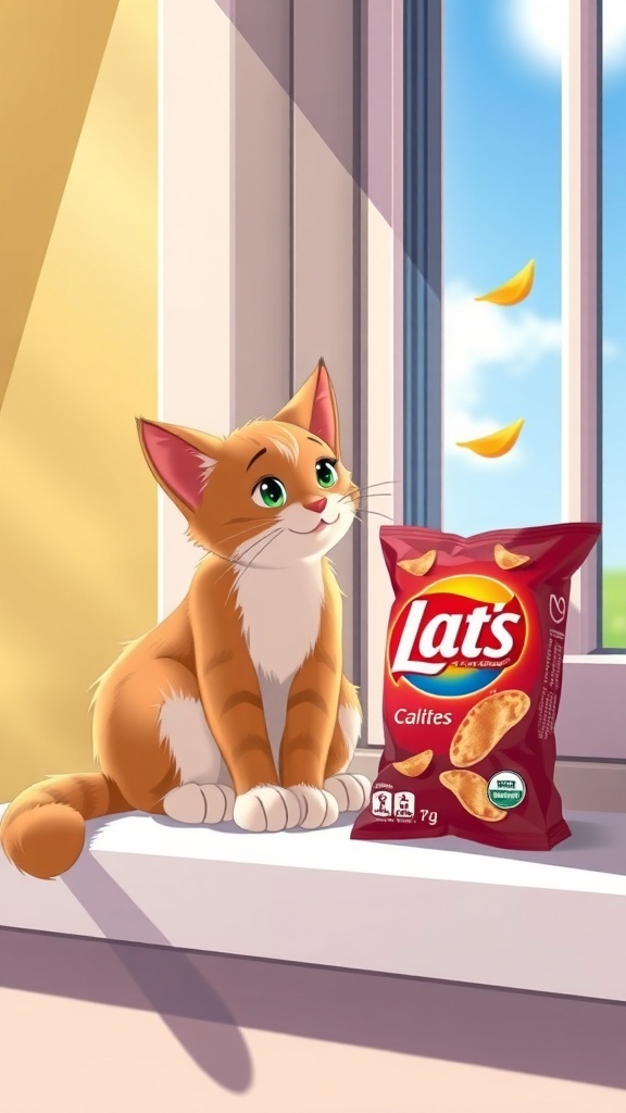 Cat Watching Chips Through the Window A curious cat looking through a window at a bag of chips, animated in a gif format.